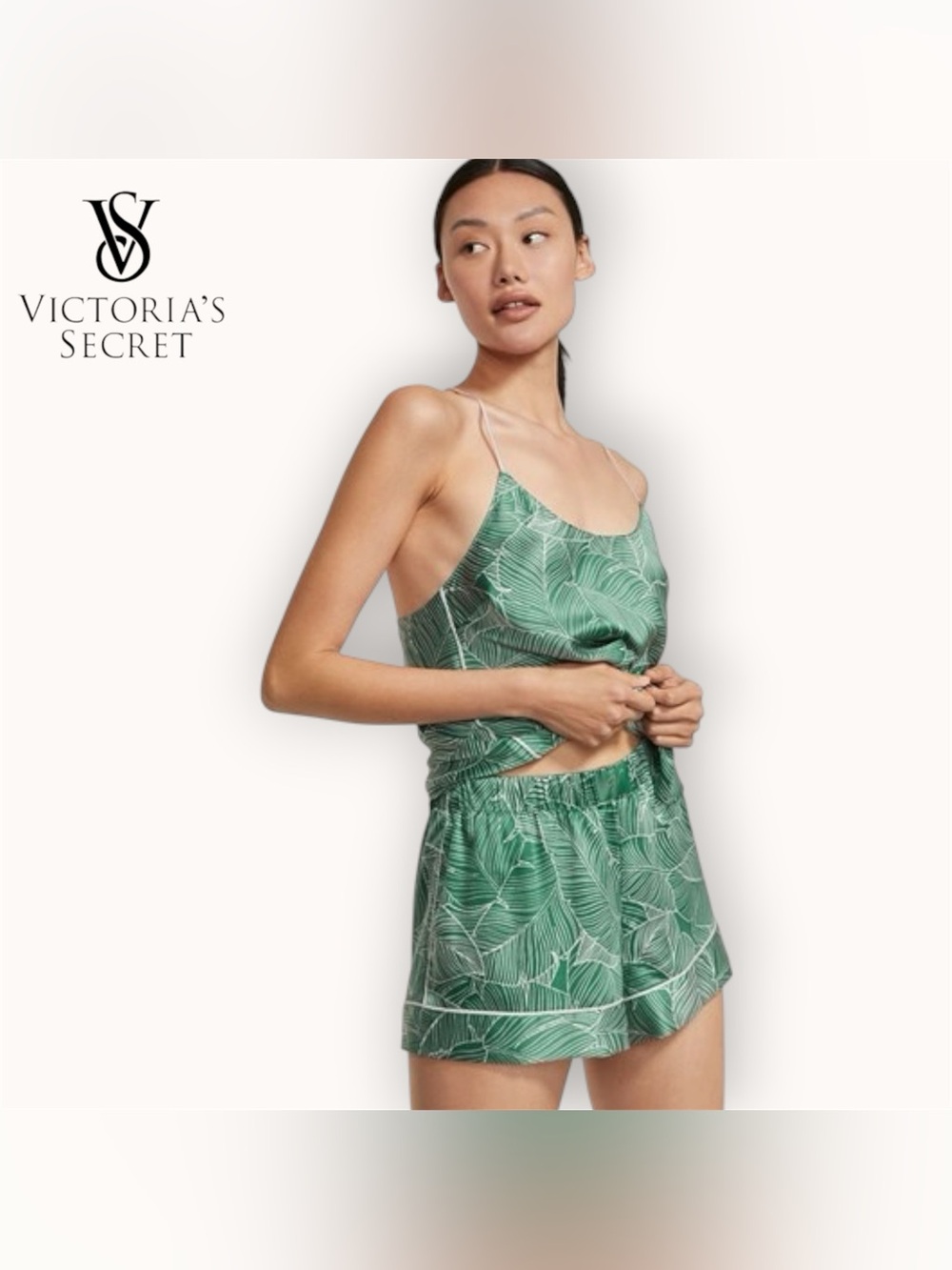 Victoria's Secret Green Leaf Satin Cami & Shorts Pajama Set